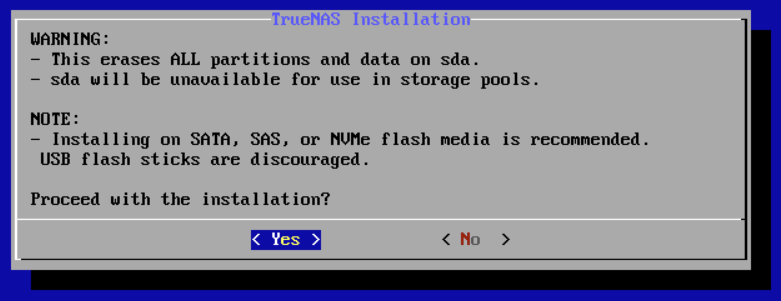TrueNASインストール - 警告