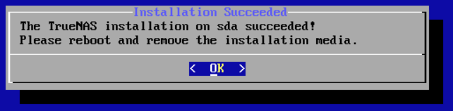 TrueNASインストール - 成功