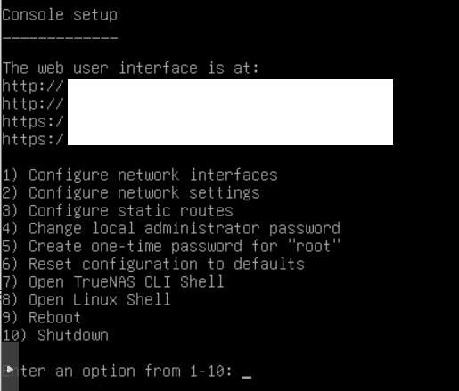 TrueNASコンソール - 初期画面とIPアドレス