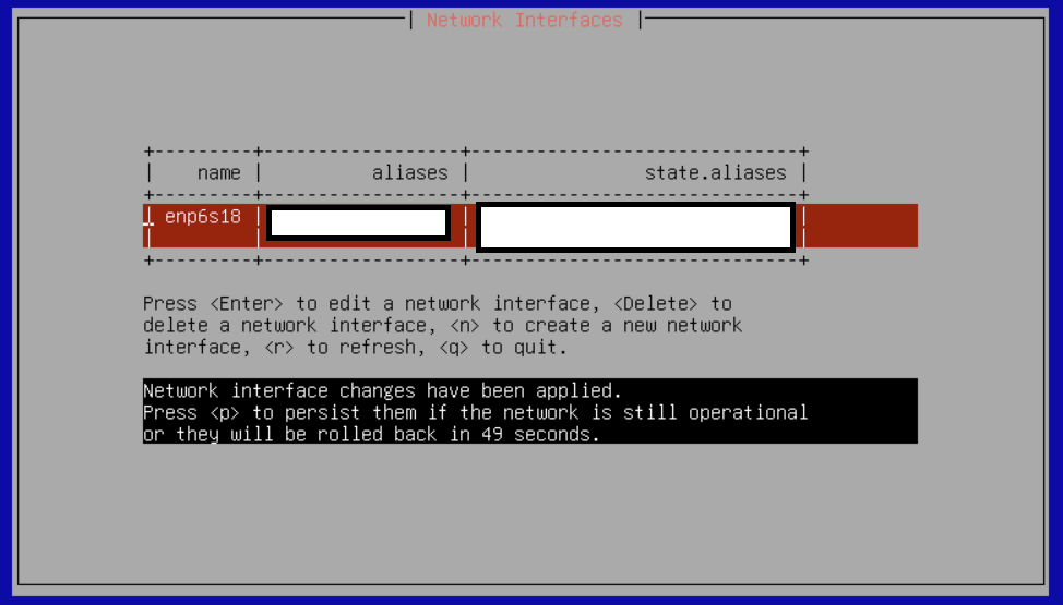 TrueNASコンソール - ネットワーク変更適用後